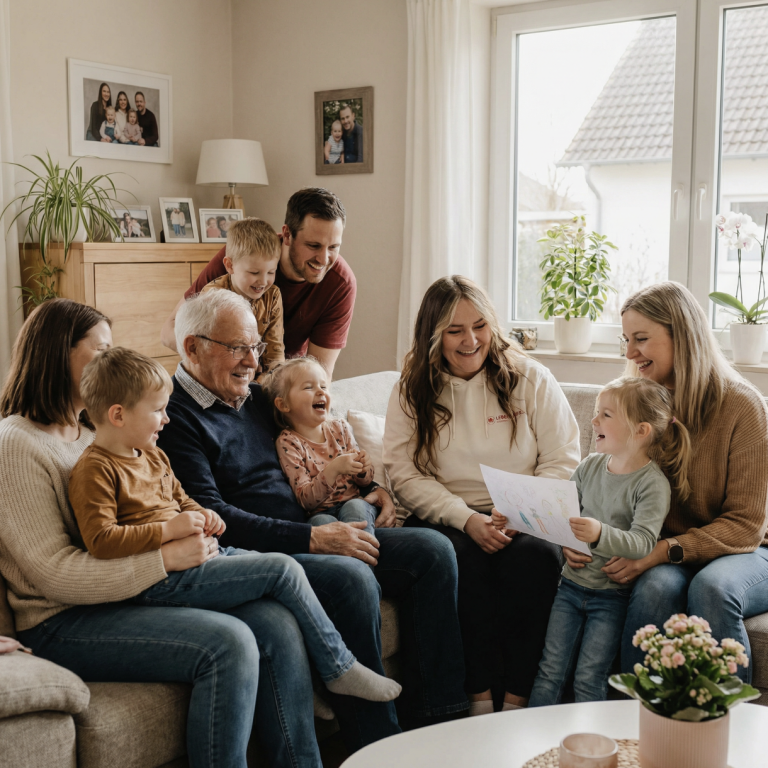 Eine Familie sitzt zusammen auf einem Sofa und lächelt, während sie ein Dokument betrachtet.