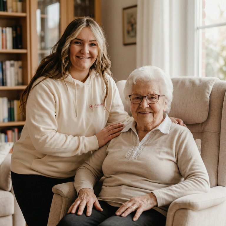 Junge Frau steht neben älterer Dame im Sessel, beide lächeln freundlich.
